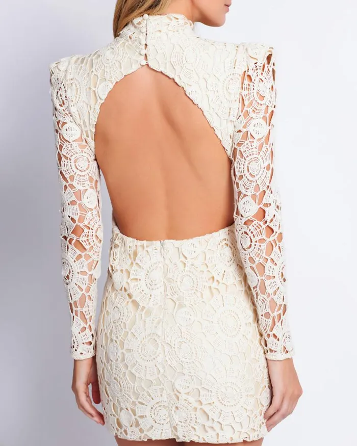 Women Dresses and Jumpsuits PatBO Beaded Crochet Open Back Mini Dress Wheat