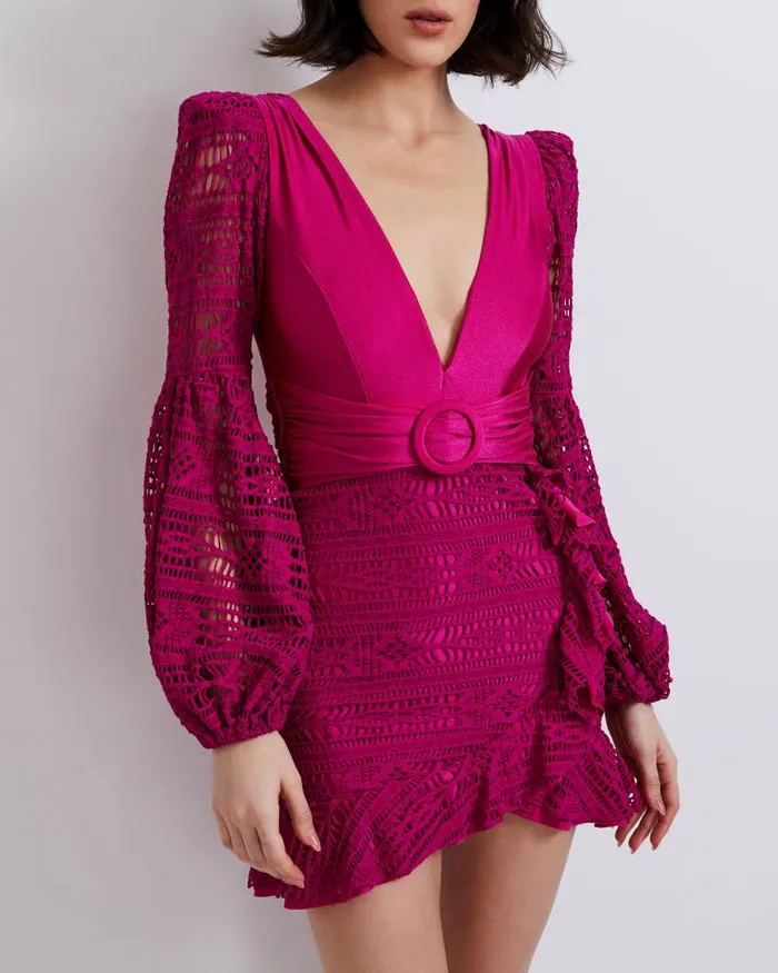 Women Dresses and Jumpsuits PatBO Crochet Plunge Mini Dress FINAL SALE Magenta