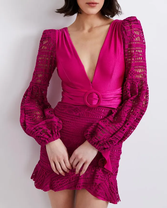 Women Dresses and Jumpsuits PatBO Crochet Plunge Mini Dress FINAL SALE Magenta