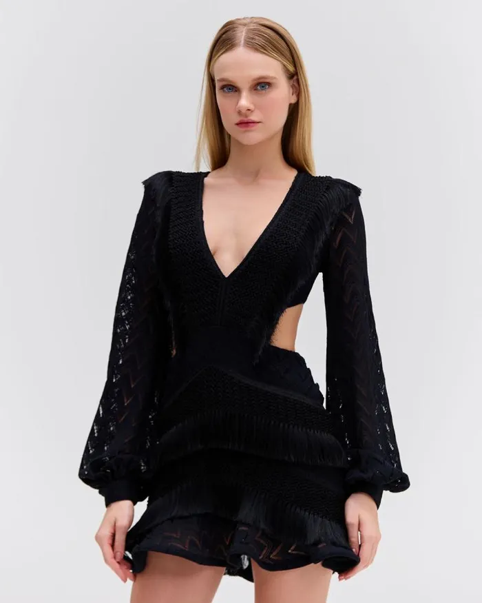 Women Dresses and Jumpsuits PatBO FRINGE CUTOUT MINI DRESS Black