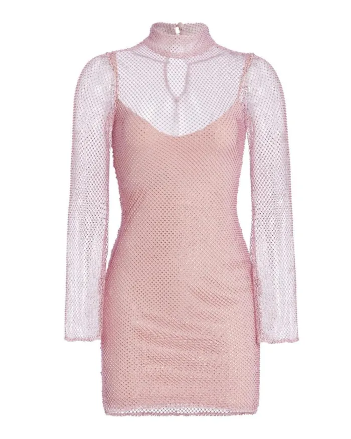 Women Dresses and Jumpsuits PatBO HandBeaded Rhinestone Netted Mini Dress FINAL SALE Light Pink