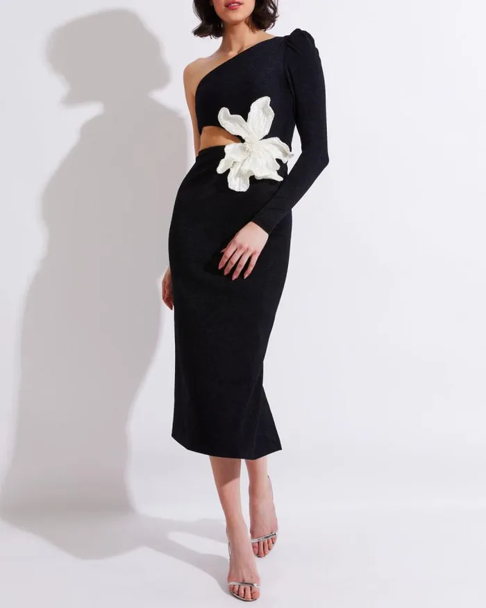 Women Dresses and Jumpsuits PatBO ONE SHOULDER MAXI DRESS WITH FLOWER APPLIQUE Black