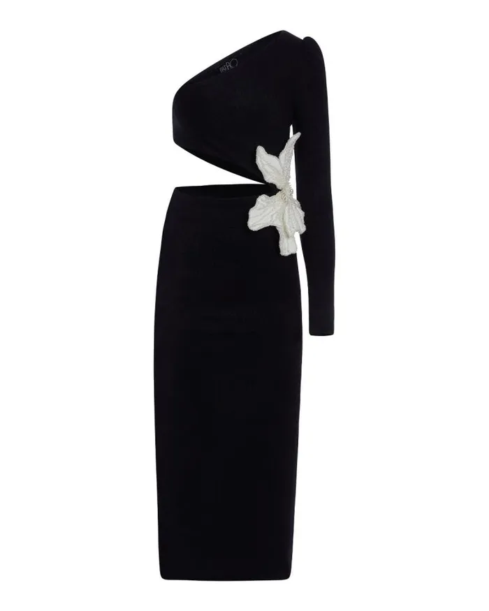 Women Dresses and Jumpsuits PatBO ONE SHOULDER MAXI DRESS WITH FLOWER APPLIQUE Black