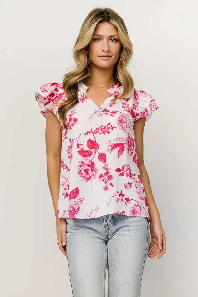Women Estelle Ruffle Top White Pink Floral Baltic Born Blouses and Shirts