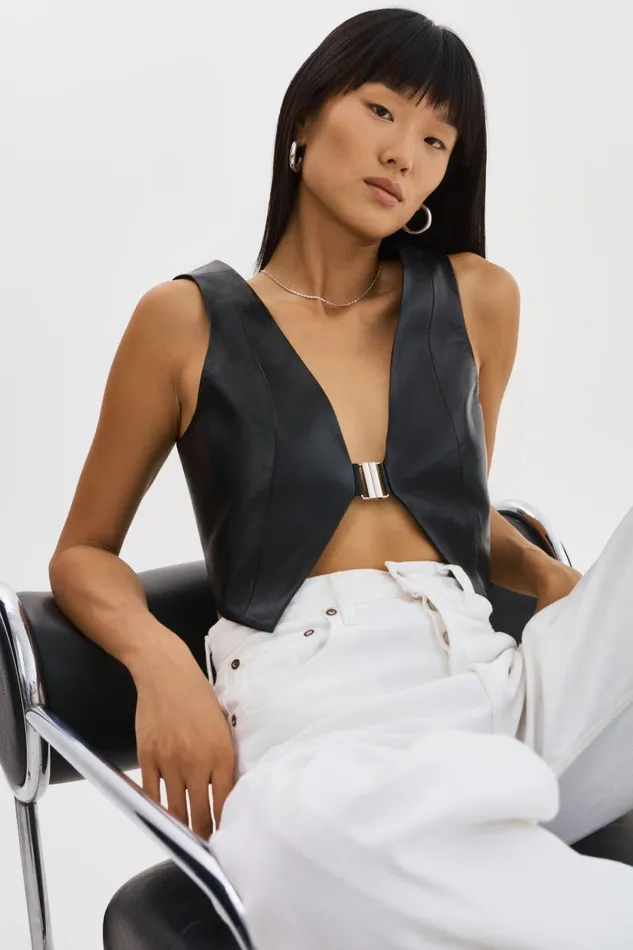 Women ESTRELLA Leather Vest Top Black LAMARQUE Tops