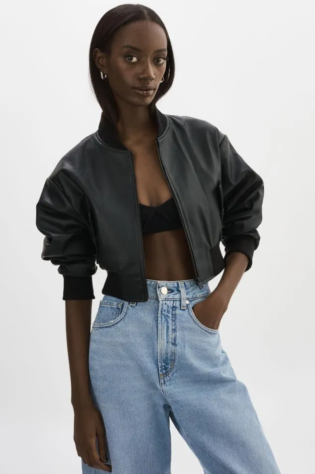 Women EVELIN Faux Leather Cropped Bomber Black LAMARQUE Leather Jackets