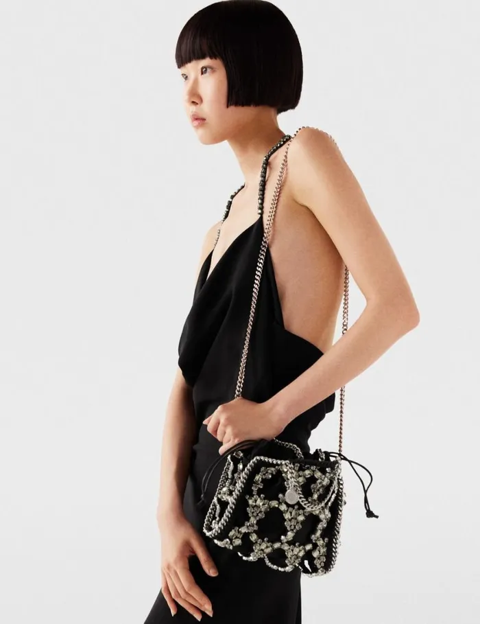 Women Falabella Tiny Crystal Cage Tote Bag Pitch Black Stella McCartney Mini Bags And Clutches Women Falabella Tiny Crystal Cage Tote Bag Pitch Black Stella McCartney Mini Bags And Clutches
