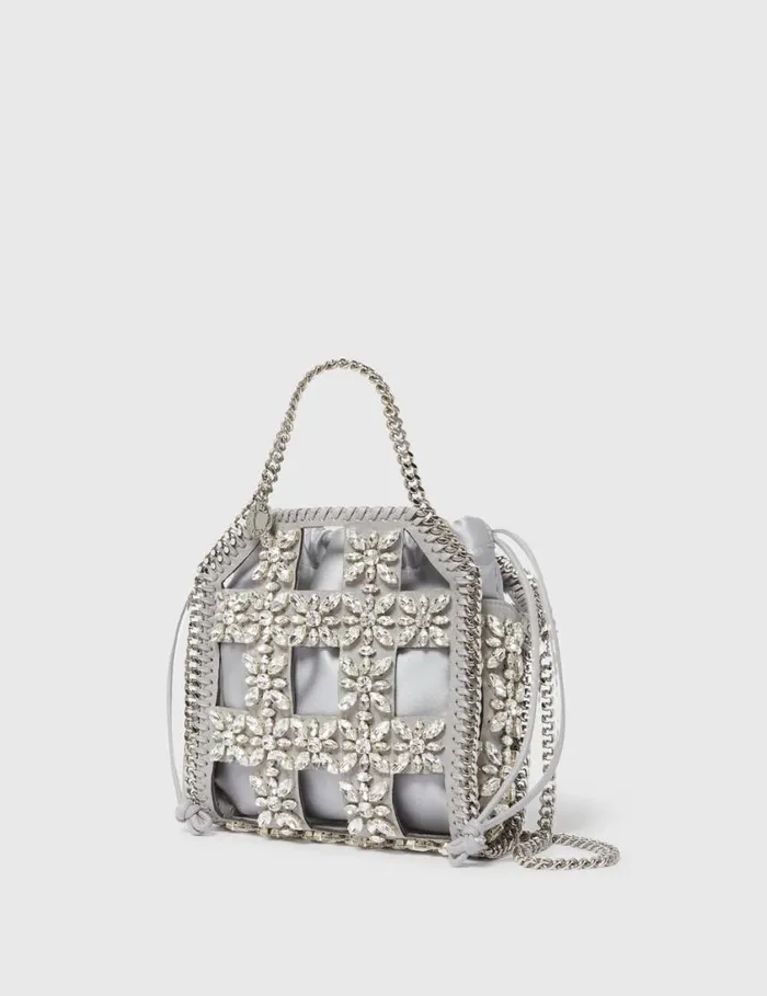 Women Falabella Tiny Crystal Cage Tote Bag Silver Stella McCartney Crossbody Bags