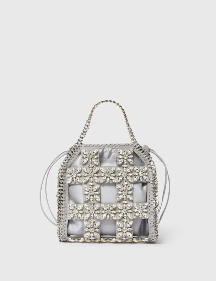 Women Falabella Tiny Crystal Cage Tote Bag Silver Stella McCartney Crossbody Bags