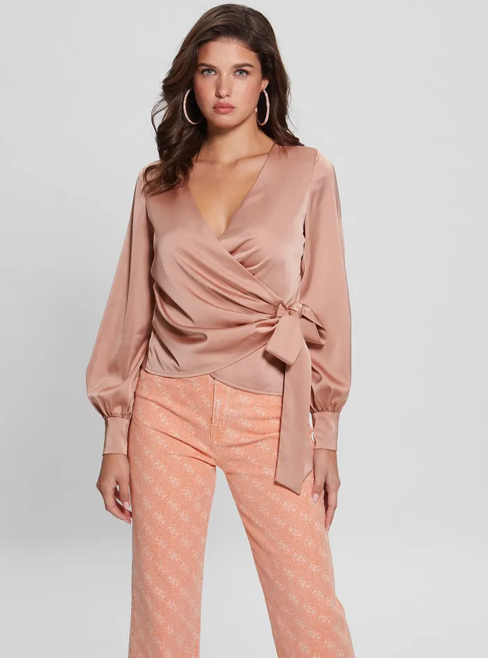 Women Fashion Tops GUESS Eco Satin Rose Lovisa Wrap Top
