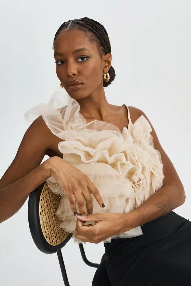 Women FELETA Ruffle Tulle Top Light Beige LAMARQUE Tops