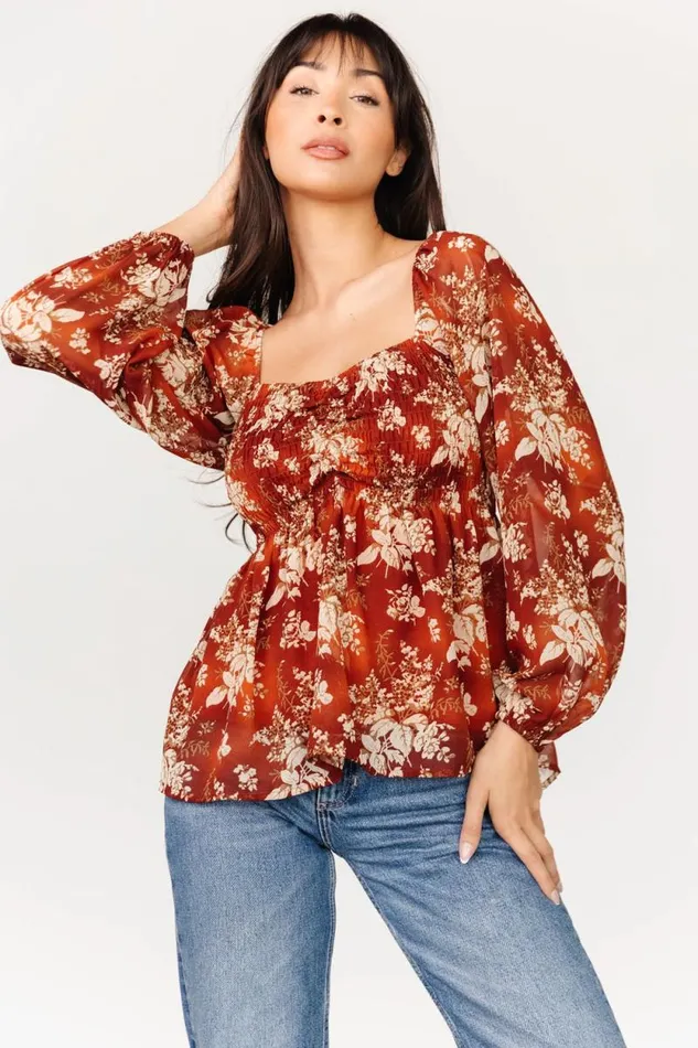Women Fenna Smocked Top Rust Floral Baltic Born Blouses and Shirts