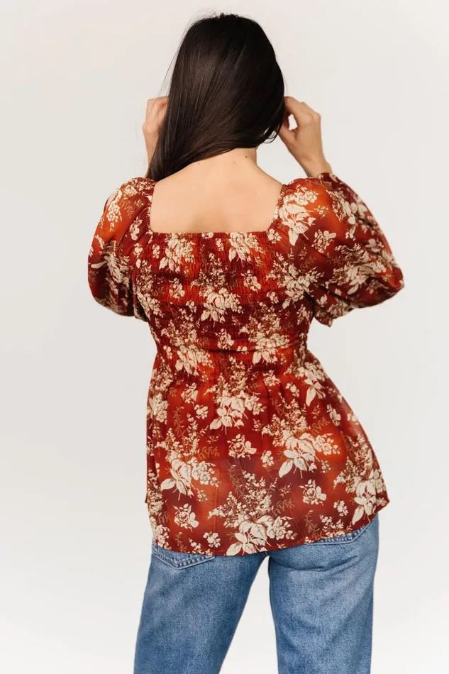 Women Fenna Smocked Top Rust Floral Baltic Born Blouses and Shirts