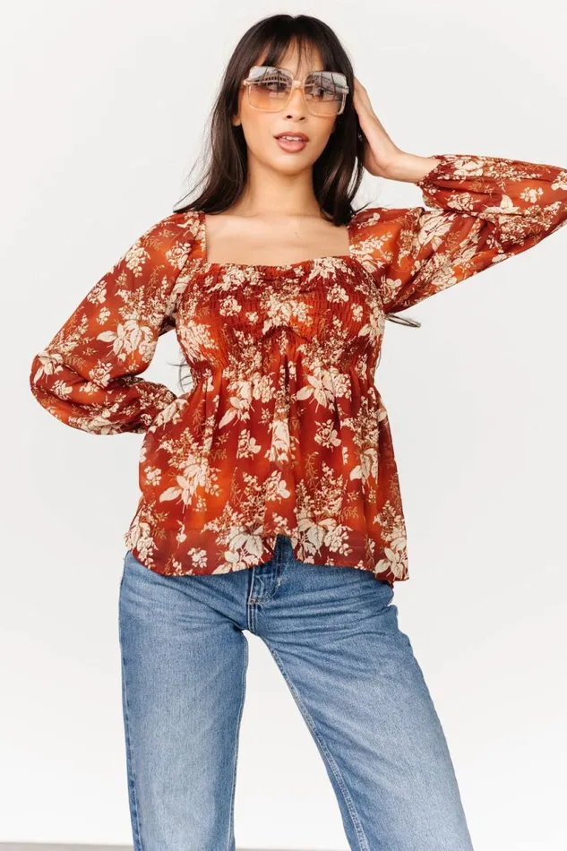 Women Fenna Smocked Top Rust Floral Baltic Born Blouses and Shirts