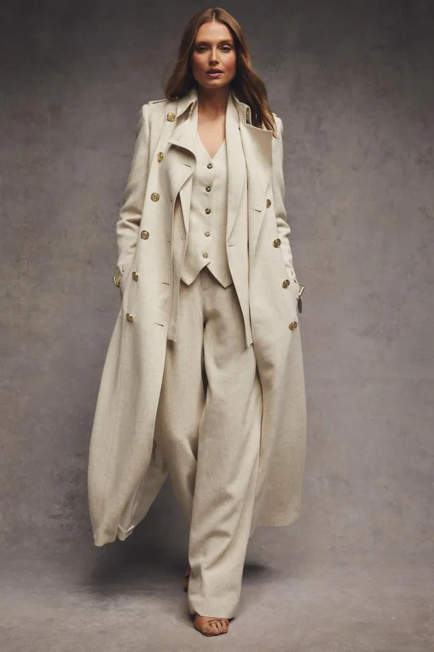 Women Full Length Marlborough Trench Coat Natural Linen Holland Cooper Tailoring