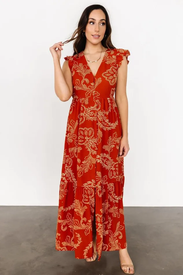Women Ginger Button Down Maxi Dress Rust Ivory Baltic Born Bump Friendly