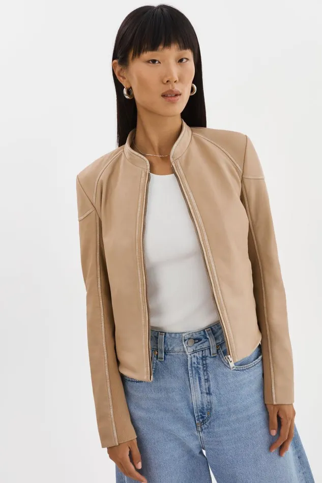 Women HIRA Fitted Leather Jacket Distressed Wheat LAMARQUE Leather Jackets