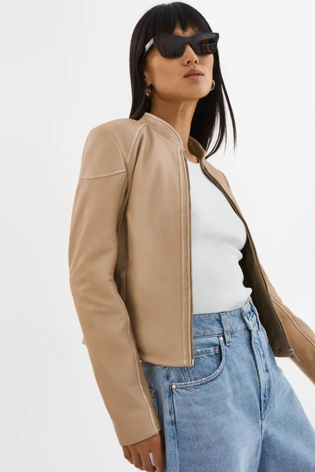 Women HIRA Fitted Leather Jacket Distressed Wheat LAMARQUE Leather Jackets Women HIRA Fitted Leather Jacket Distressed Wheat LAMARQUE Leather Jackets