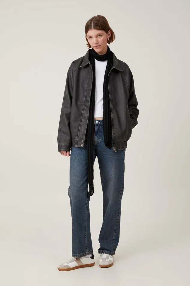 Women Jackets Cotton On Faux Leather Bomber Jacket Washed Black