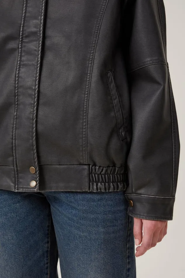 Women Jackets Cotton On Faux Leather Bomber Jacket Washed Black
