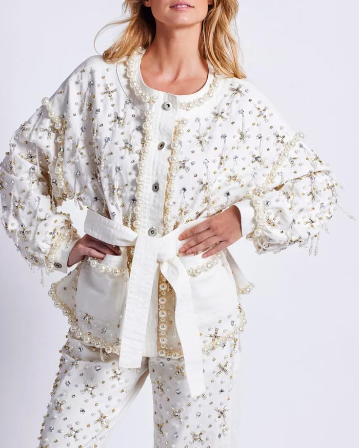 Women Jackets PatBO Beaded Denim Jacket White