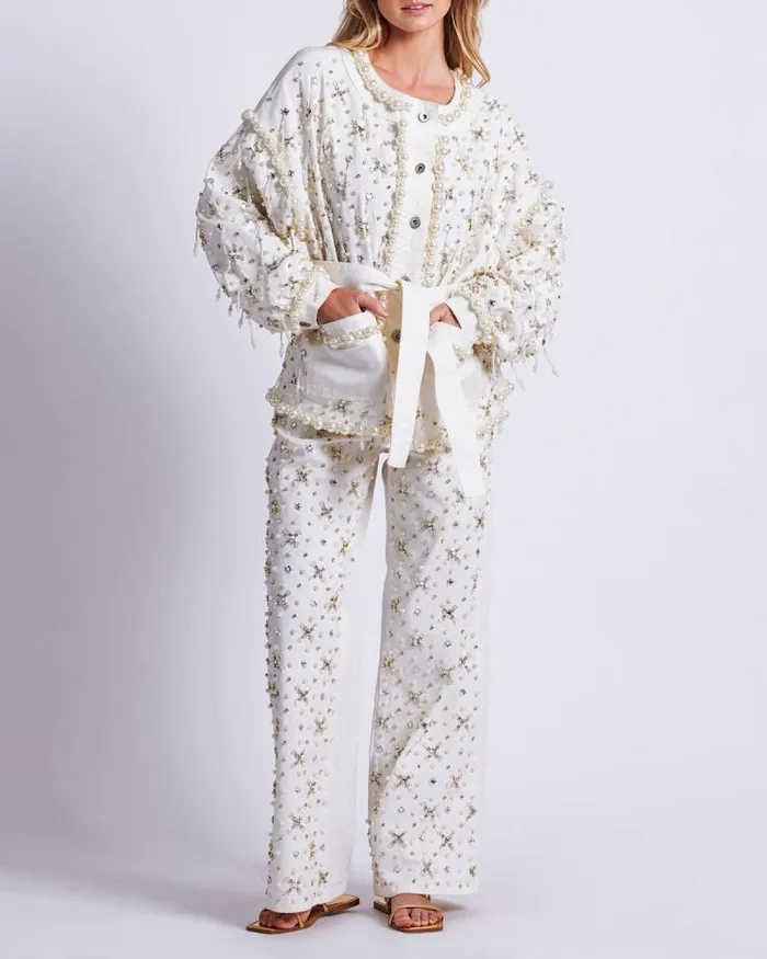 Women Jackets PatBO Beaded Denim Jacket White