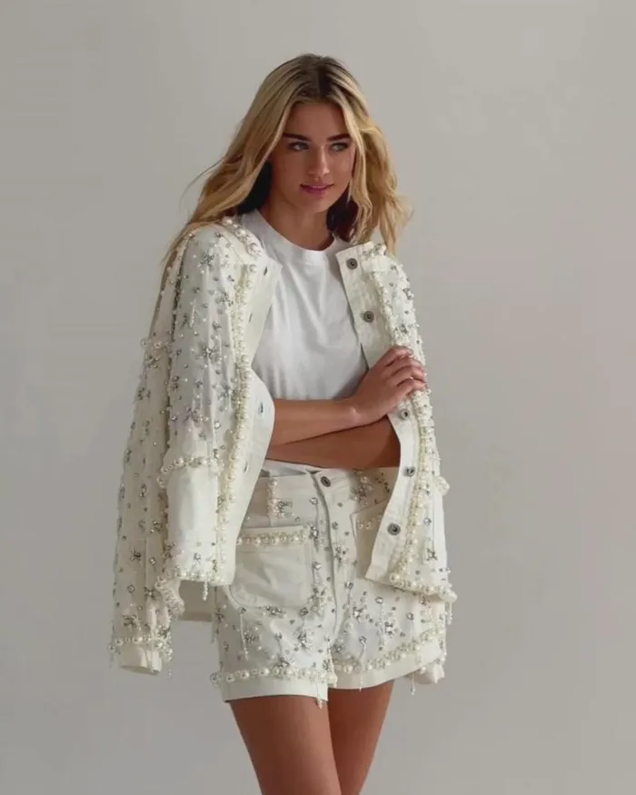 Women Jackets PatBO Beaded Denim Jacket White