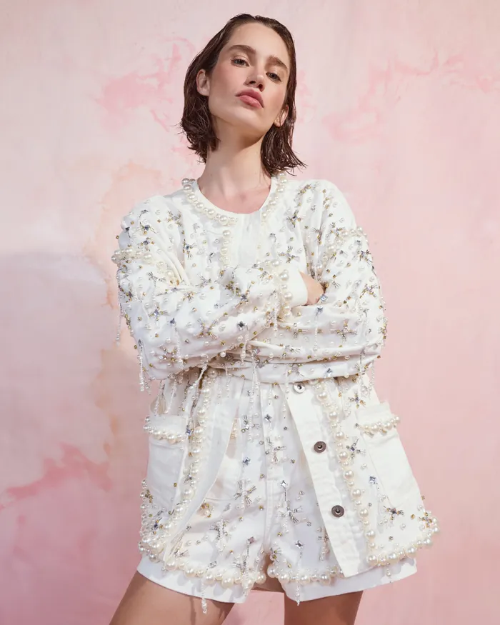 Women Jackets PatBO Beaded Denim Jacket White