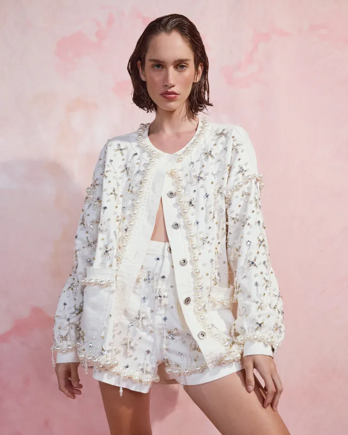 Women Jackets PatBO Beaded Denim Jacket White