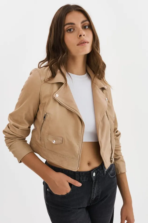 Women JANIKA Cropped Leather Biker Jacket Wheat LAMARQUE Leather Jackets