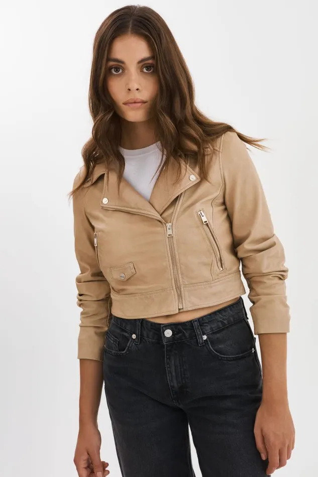 Women JANIKA Cropped Leather Biker Jacket Wheat LAMARQUE Leather Jackets Women JANIKA Cropped Leather Biker Jacket Wheat LAMARQUE Leather Jackets