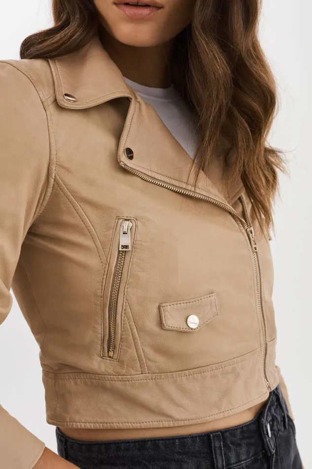 Women JANIKA Cropped Leather Biker Jacket Wheat LAMARQUE Leather Jackets Women JANIKA Cropped Leather Biker Jacket Wheat LAMARQUE Leather Jackets