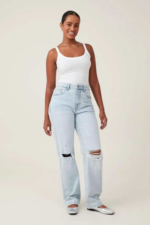 Women Jeans Cotton On Curvy Stretch Straight Jean Crystal Blue Rip