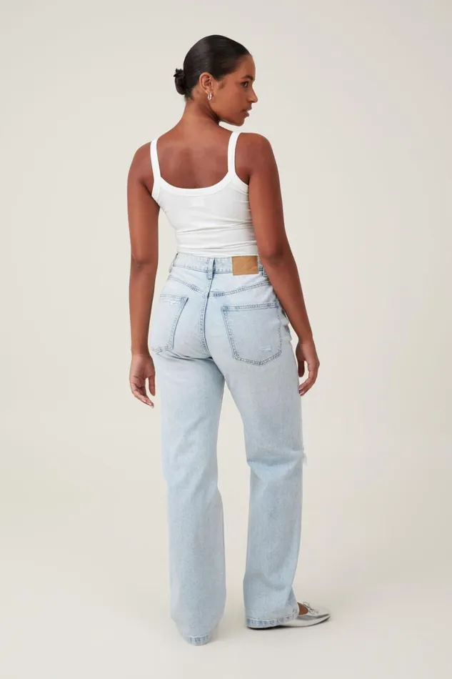 Women Jeans Cotton On Curvy Stretch Straight Jean Crystal Blue Rip