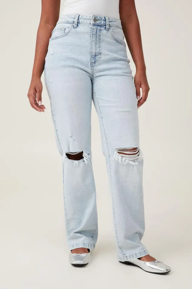 Women Jeans Cotton On Curvy Stretch Straight Jean Crystal Blue Rip