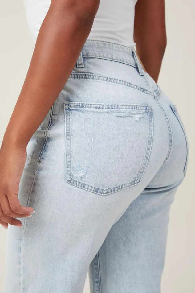 Women Jeans Cotton On Curvy Stretch Straight Jean Crystal Blue Rip
