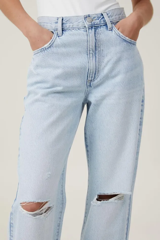 Women Jeans Cotton On Loose Straight Jean Crystal Blue Rip