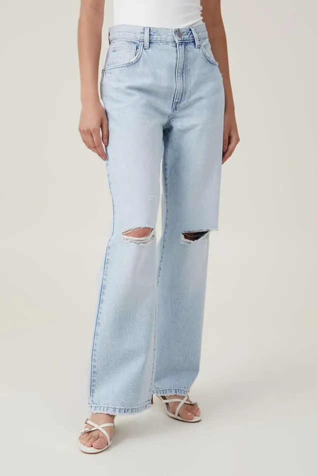 Women Jeans Cotton On Loose Straight Jean Crystal Blue Rip