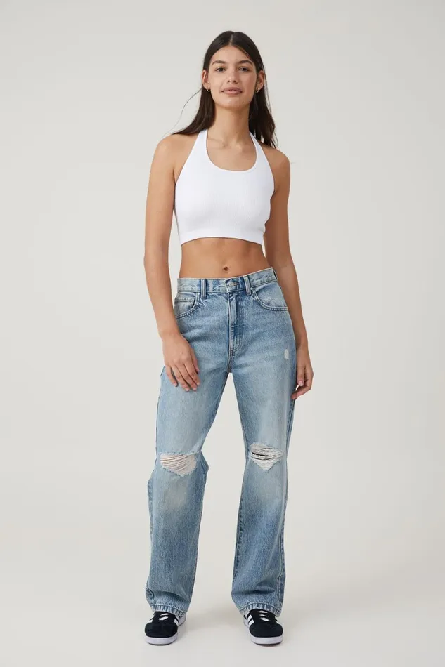 Women Jeans Cotton On Loose Straight Jean Lake Blue Rip