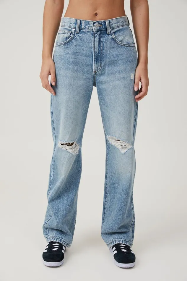 Women Jeans Cotton On Loose Straight Jean Lake Blue Rip