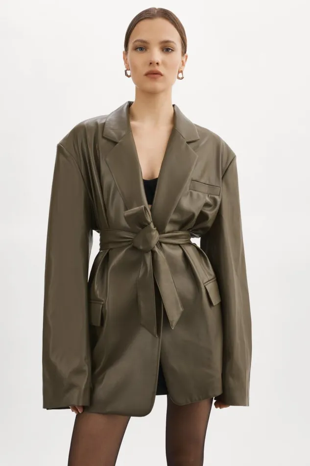 Women Kassandra Faux Leather Oversized Blazer Khaki LAMARQUE Blazers