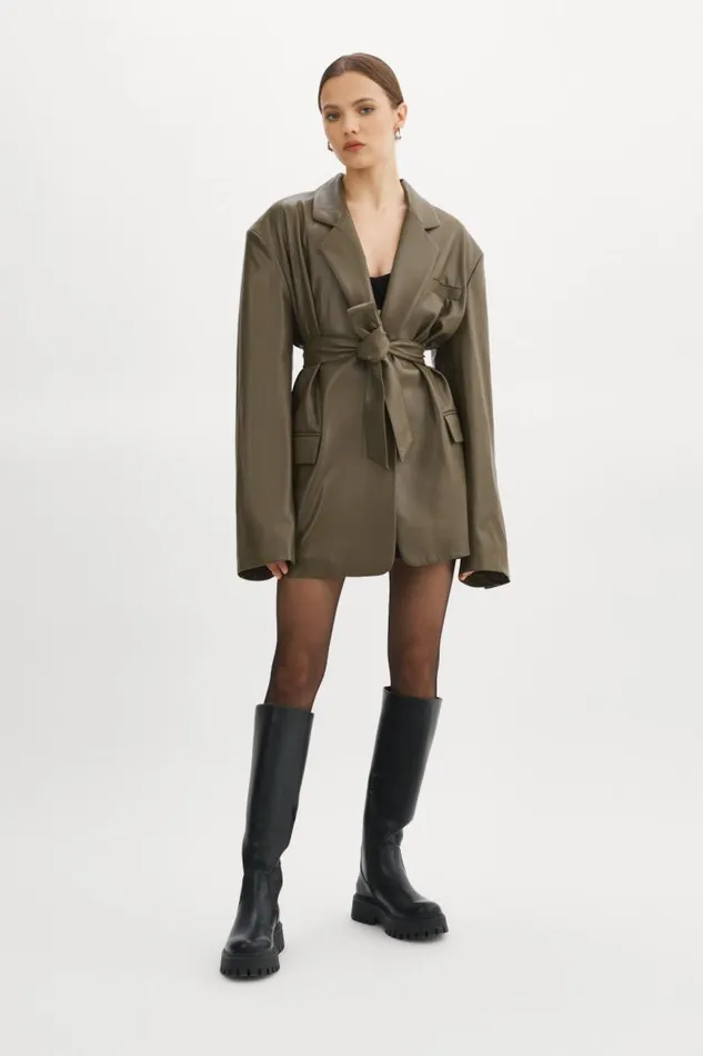 Women Kassandra Faux Leather Oversized Blazer Khaki LAMARQUE Blazers