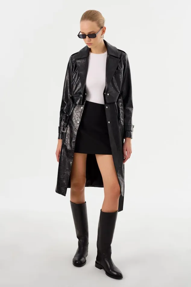 Women KATIJA Convertible Faux Leather Trench Black LAMARQUE Trench Coats Women KATIJA Convertible Faux Leather Trench Black LAMARQUE Trench Coats