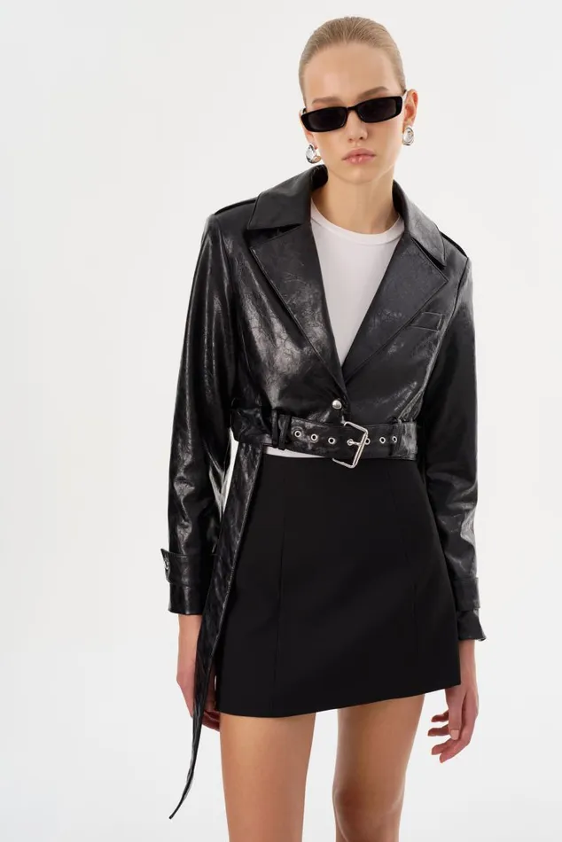 Women KATIJA Convertible Faux Leather Trench Black LAMARQUE Trench Coats Women KATIJA Convertible Faux Leather Trench Black LAMARQUE Trench Coats