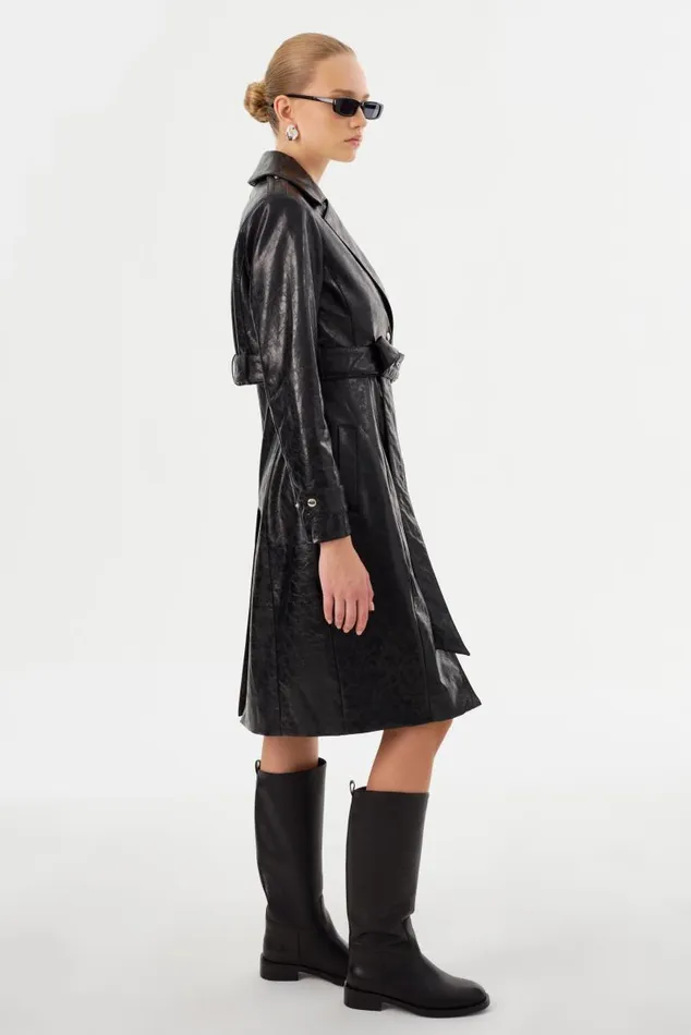 Women KATIJA Convertible Faux Leather Trench Black LAMARQUE Trench Coats Women KATIJA Convertible Faux Leather Trench Black LAMARQUE Trench Coats