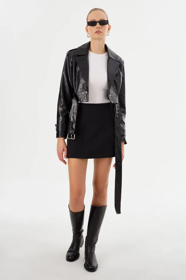 Women KATIJA Convertible Faux Leather Trench Black LAMARQUE Trench Coats Women KATIJA Convertible Faux Leather Trench Black LAMARQUE Trench Coats