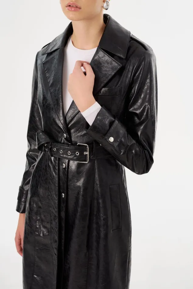 Women KATIJA Convertible Faux Leather Trench Black LAMARQUE Trench Coats Women KATIJA Convertible Faux Leather Trench Black LAMARQUE Trench Coats