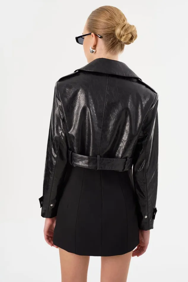Women KATIJA Convertible Faux Leather Trench Black LAMARQUE Trench Coats Women KATIJA Convertible Faux Leather Trench Black LAMARQUE Trench Coats