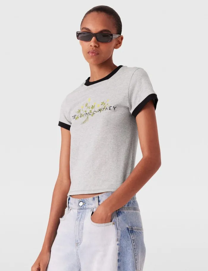 Women Logo Floral Embroidered TShirt Grey Melange Stella McCartney Sweatshirts And TShirts