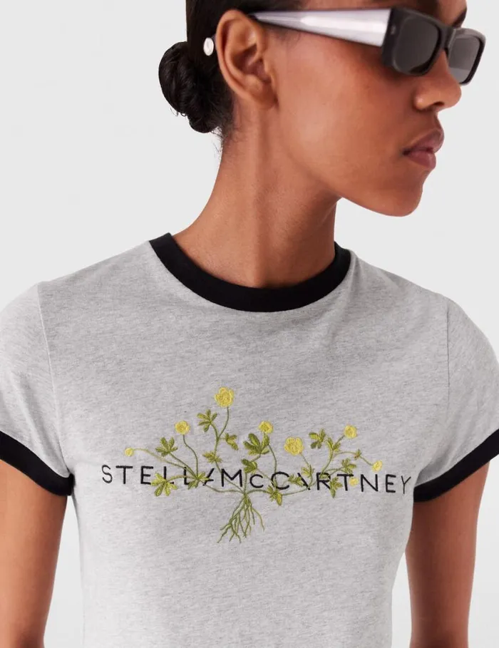 Women Logo Floral Embroidered TShirt Grey Melange Stella McCartney Sweatshirts And TShirts